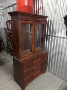 Antique Step Back Glass Door Cabinet Over 3 Drawer Chest