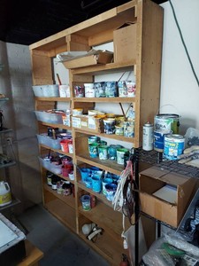 Wood Utility Storage Shelving Unit Approx. 8ft x 6ft x 1ft See Photos