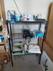 Lot Including Wire Shelf Dymo Scale Cords Paint & Household Items
