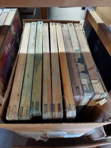Lot Including Approximately 11 Wood Screen Printing Frames Screens