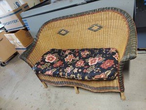 Vintage Wicker Rattan Loveseat Sofa w Floral Cushion 53in Wide