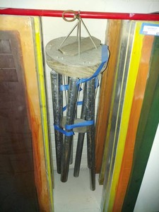 Large Rustic Metal Tube Wind Chime with Wood Top Hanging Decor