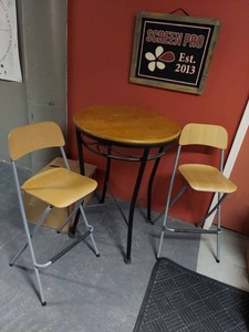 Lot Including Round Pub Table & 2 Bar Stools Wood Metal Bistro Set