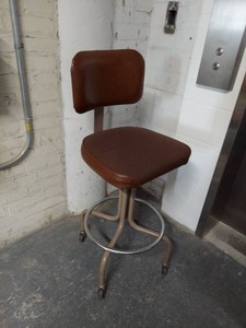 Vintage Industrial Rolling Drafting Stool Brown Vinyl w Backrest