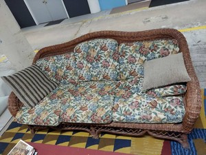 Vintage Wicker Rattan Sofa Floral Cushions Throw Pillows 80in