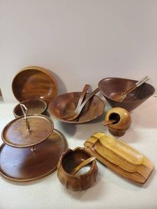 Mid Modern Kitchen items marked Vermillion and Price. Made of Walnut two tiered tray, unique sugar bowl, tray, salad bowl and more