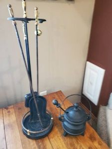 Cast Iron Fireplace Tools, Shovel Broom Poking Stick with stand, and Cast Iron Smudge Pot or Cauldron