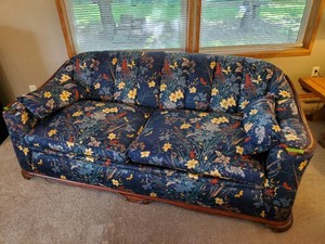 Gorgeous 1940s Dark Blue Floral Couch with Wood enhancement So Pretty