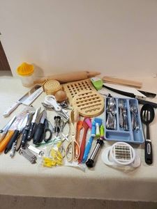 Instant Kitchen Lightly used utensils with set of Silverware, Wooden Trivets and so Much More