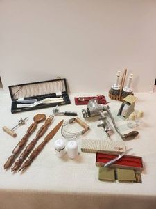 Misc. Kitchen Items Gerber Legenddary Blades knife, Goebel Dressing Containers, Unique wooden knife spoon and fork and MORE