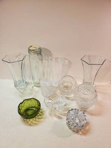 Various Glass Containers Jars Vases decorative items and more one marked  Hoosier Glass,