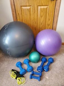 Workout Equipment, 3 diff size hand weights, exercise balls, weight ball and jump rope