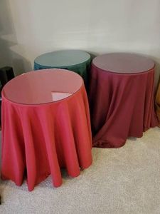 3 Glass Top Tables with decorative table Covers
