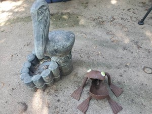 2 Garden Figurines 1 Concrete Stork and metal Frog