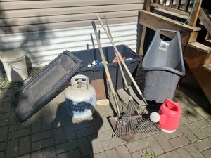 Nice lot of Garden tools Water Can Garden Cart Full propane tank