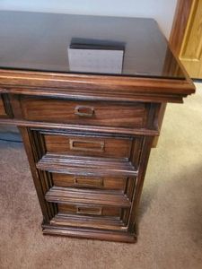 Solid Mid Century Modern Wood Office Desk with Glass Top