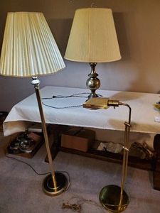 3 different Style Lamps 1 Adjustable Brass Floor lamp, 1 brass side table lamp, and 5 tall lamp