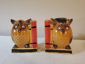 2 Unique Mid Modern Ceramic Owl Book ends