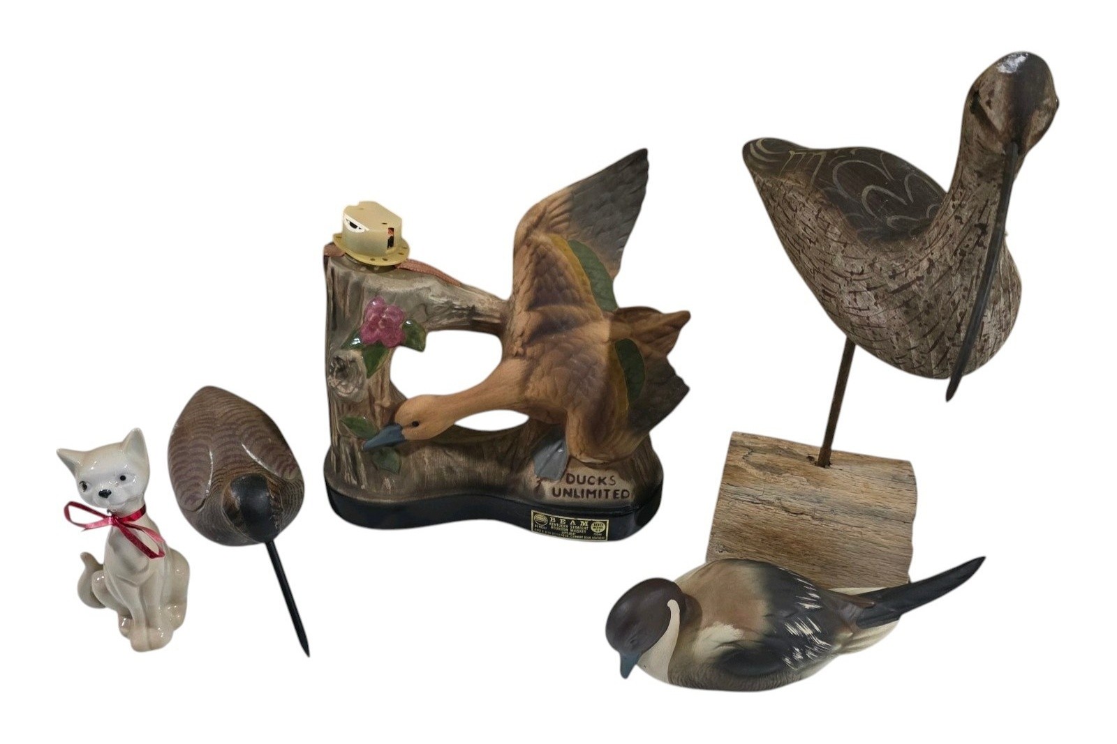 Mixed Animal & Bird Decor Lot - Ducks Unlimited Decanter, Cat & Bird Figurines