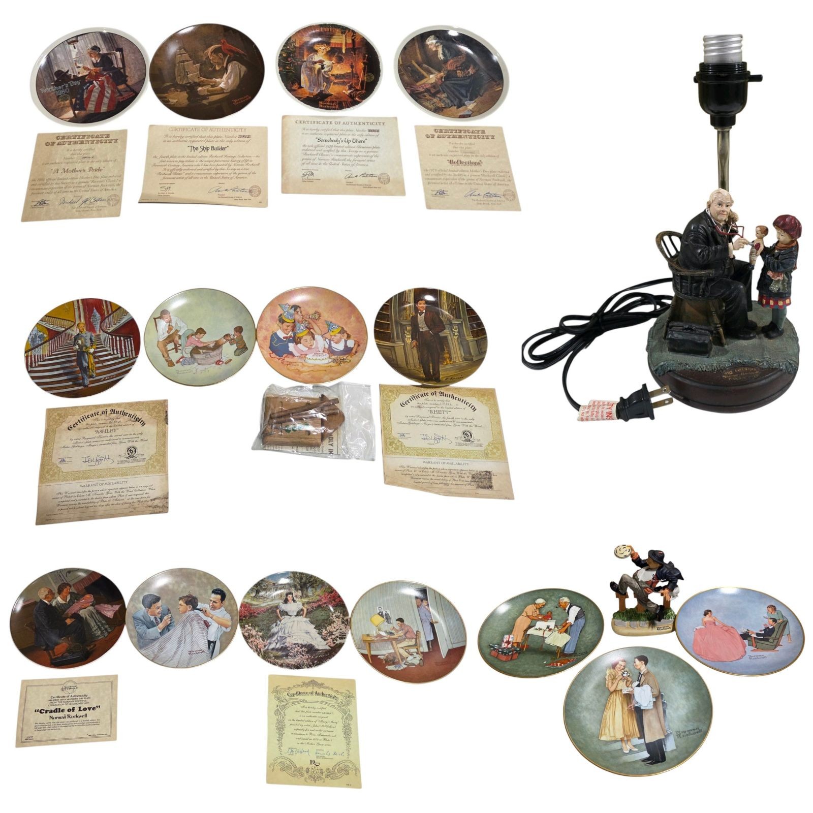 Norman Rockwell Collector Plates, Porcelain Figure, and Figural Table Lamp