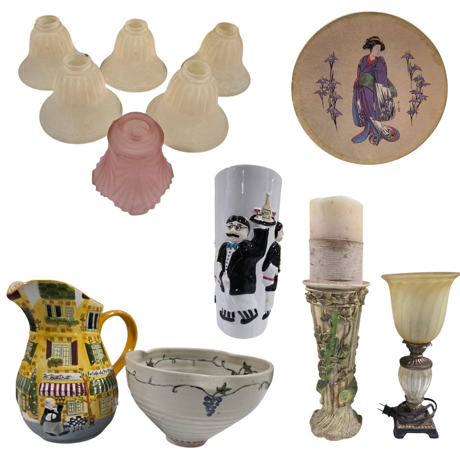 Mixed Decorative Lot  Iris Flower Maiden Plate, Glass Shades, Lamps, Vase, Pitcher & Bowl