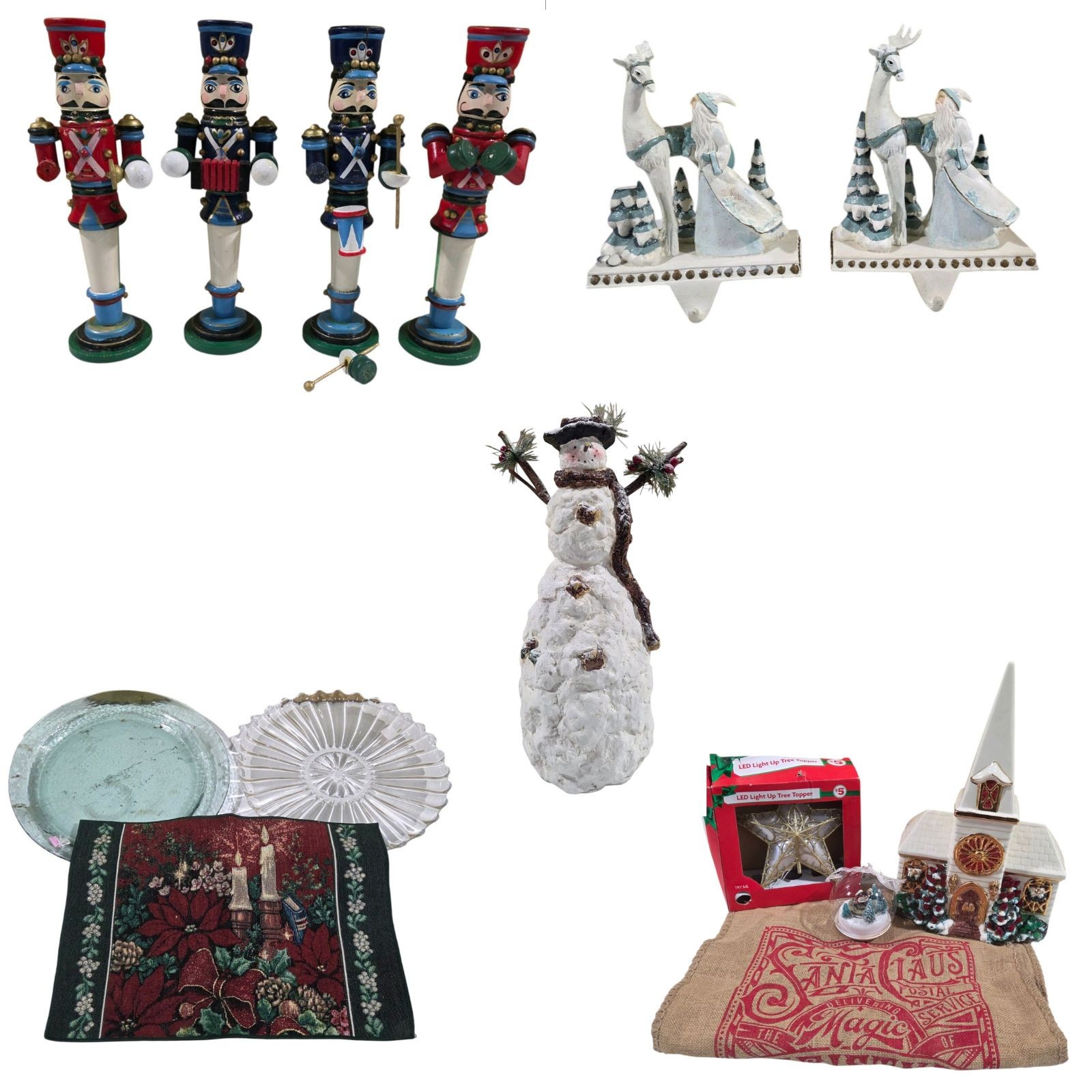 Mixed Christmas Dcor Lot  LED Tree Topper, Santa Sack, Church, Snowman, Nutcrackers & Glass Plates