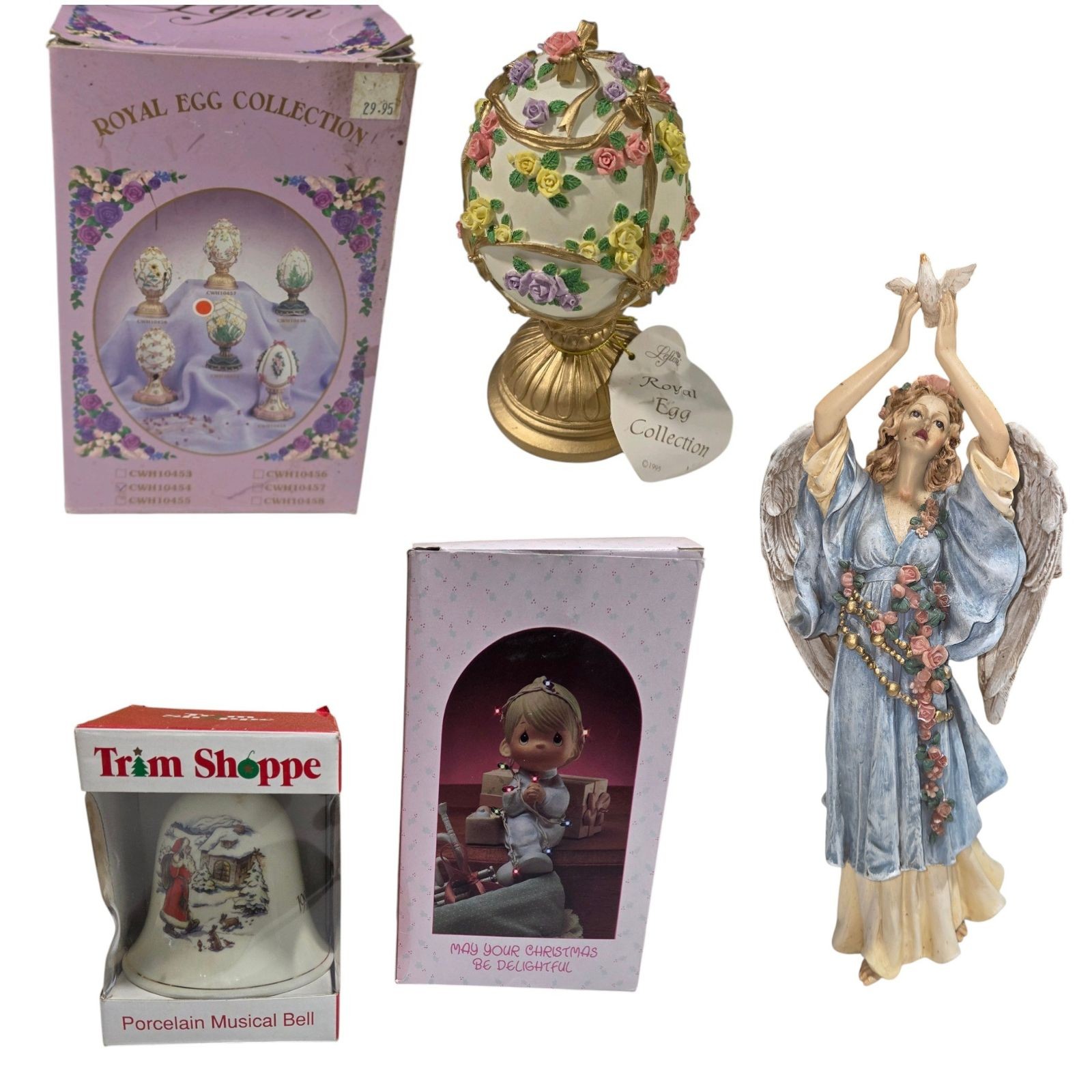 Lefton Royal Egg Musical Egg, Trim Shoppe Bell, Precious Moments Stocking Hanger & Angel Figurine Lot