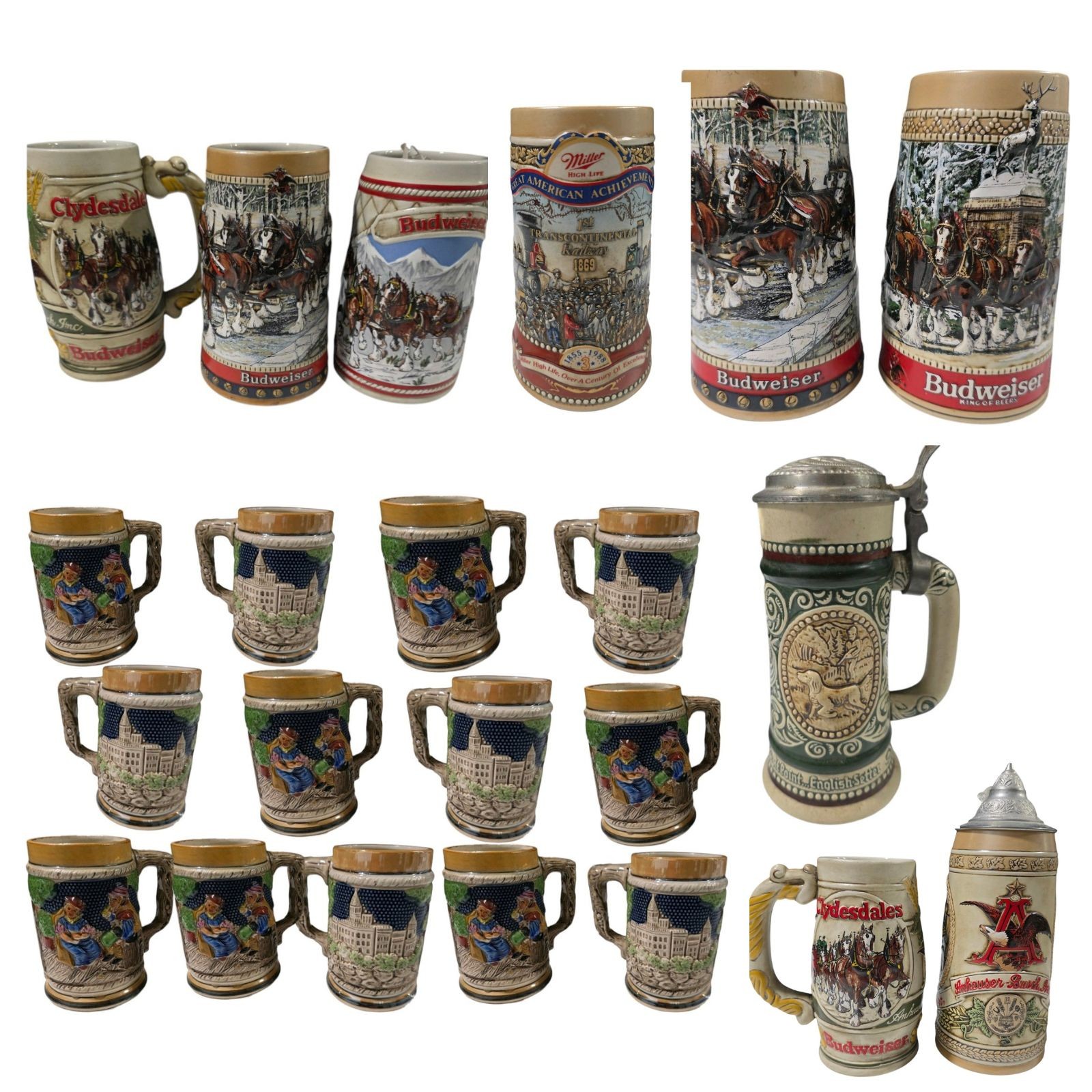 Budweiser, Miller High Life & Avon Beer Stein Lot  Lidded Anheuser-Busch, Clydesdales, Mini Mugs