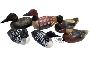 Lot of 6 Wooden Duck & Loon Decoys  Handcrafted USA, D.R. Gaffney 1981, Wilderness Collection