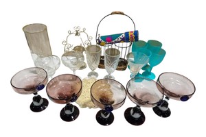Mixed Drinkware & Dcor Lot  Purple 2000 Glasses, Turquoise Goblets, Crystal Stemware, Caddy & Candle Holder