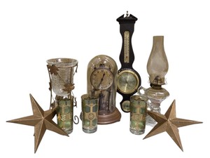 Mixed Vintage-Style Decor Lot  Dome Clock, Barometer, Oil Lamp, Star Decor & Glasses