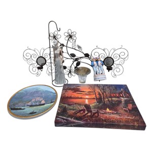 Mixed Home Decor Lot  Hamilton Flying Cloud Collector Plate, Wall Candle Holders, Figurines & Glass Pieces