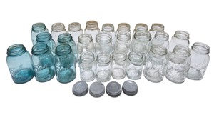 26 Vintage Glass Mason Jars With 4 Metal Lids  Ball, Kerr, Golden Harvest, Atlas
