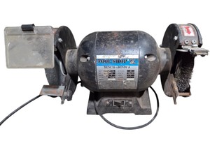 Tool Shop 6 In Bench Grinder, 12 HP 3450 RPM With Wire Wheel, Untested