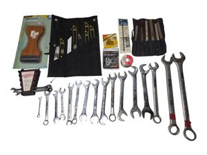 Mixed Hand Tool Lot  Wrenches, Chisels, Saw Blades, Ratcheting Wrench Set & Hardware