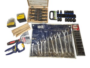Mixed Tool Lot  MIT Wrench Set, Pittsburgh Impact Sockets, Drill Bits, Clamps & Nut Drivers