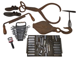 Mixed Vintage Tool Lot  Sockets, Combination Wrenches, Pulley Hook, Ice Tongs & Hand Tools