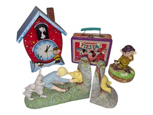 Disney & Peanuts Collectible Decor Lot  Snoopy Clock, Mickey Lunch Box, Dopey Schmid & Winnie the Pooh Bookends