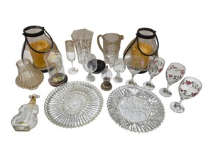 Mixed Glassware & Home Dcor Lot  Franciscan Glasses, Crystal Plates, Vases, Candle Holders & Decorative Rose