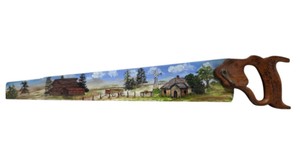 Decorative Hand Saw With Hand-Painted Farm Landscape & Wood Handle