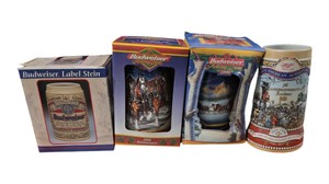 Budweiser Holiday Stein & Miller High Life Ceramic Beer Stein Lot Of 4 With Boxes