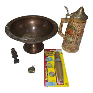 Mixed Collectibles Lot  German Beer Stein, Copper Pedestal Bowl, Fake Cigar, ABC Pin & Figure