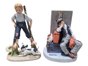 2 Norman Rockwell Danbury Mint Porcelain Figurines  Boy on Stilts & Asleep on the Job