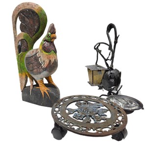 Mixed Decor Lot  Wooden Rooster, Metal Plant Caddy & Hanging LightCandle Holder