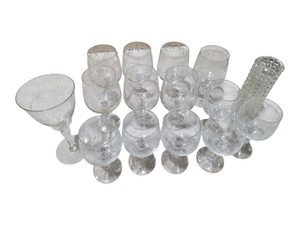 Assorted Etched Glass Stemware Lot  Wine Glasses, Goblets & Bud Vase