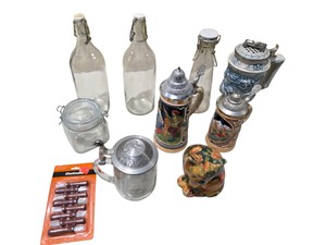 Mixed Decor & Barware Lot  German Beer Steins, Glass Bottles, Cat Figurine & Kitchen Items