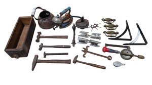 Antique Mixed Hardware & Tool Lot  Wood Box, Flat Irons, Hammers, Brackets & Small Parts