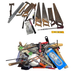 Vintage Mixed Hand Tool Lot  Saws, Hammers, Screwdrivers, Safety Cable & More