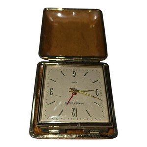 Vintage Phinney-Walker Travel Alarm Clock  Brown Folding Case  Made in Japan