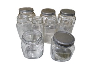 Lot of 7 Glass Storage Jars With Metal Lids  Square Pattern Kitchen Canisters